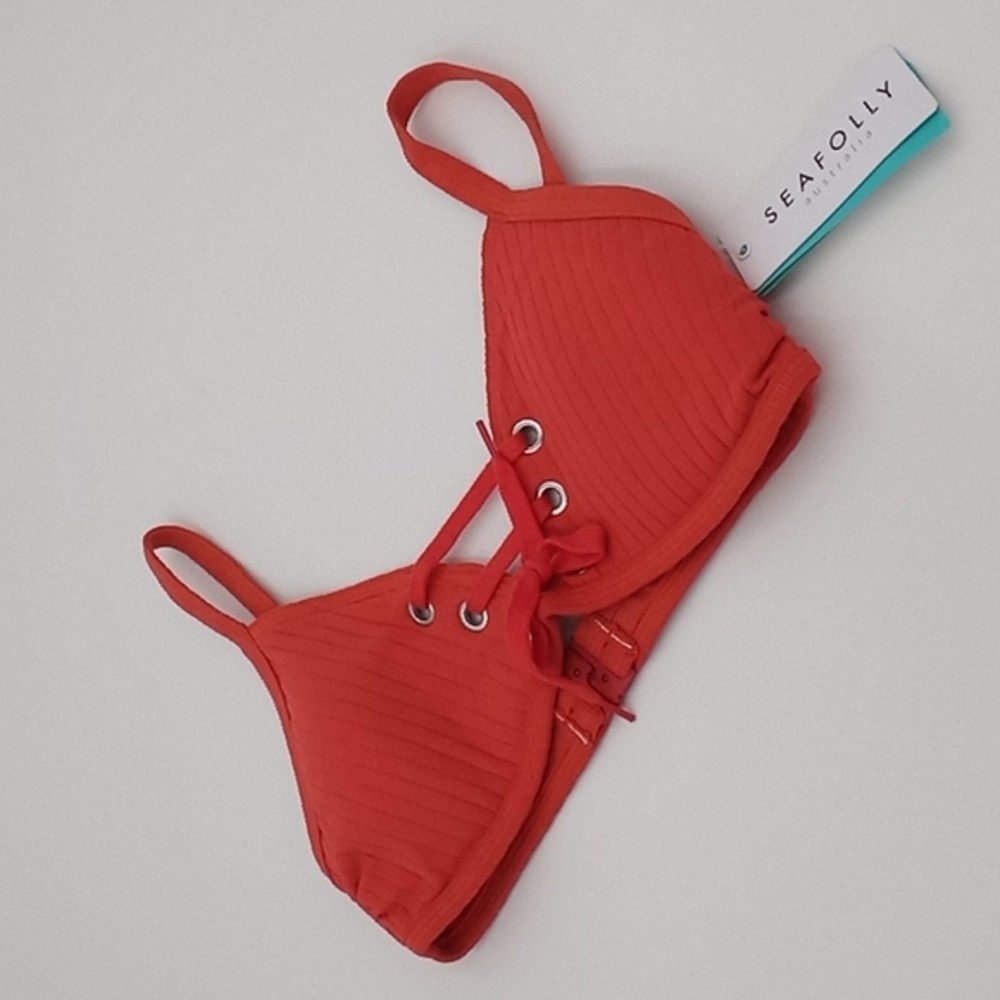 Seafolly Inka Rib Lace Up Bralette Bikini Top Spice Orange
